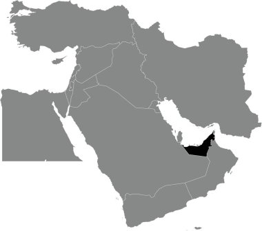Siyah, Gri Ortadoğu 'nun ortografik yansıması kullanılarak saydam arka planda beyaz kenarlı ARAB EMIRATES' in ayrıntılı boş siyasi haritası