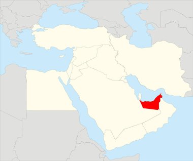 Gri kıta arka planında siyah sınırları ve mavi deniz yüzeyleri olan, işaretlenmiş bej Orta Doğu 'nun ortografik projeksiyonunu kullanarak, kırmızı, basit, boş, siyah ARAB haritası.