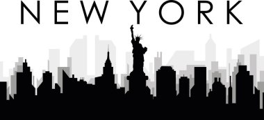 New York Şehri 'nin arka planında gri sisli şehir binalarıyla siyah şehir manzarası manzarası, Birleşik Devletler