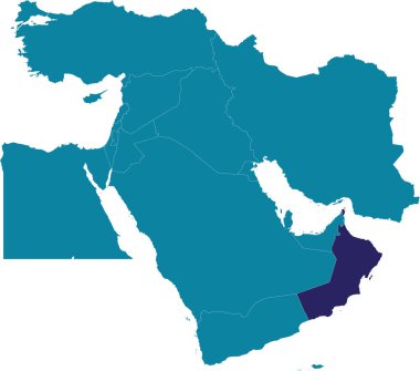 Orta Doğu denizinin ortografik yansımasını kullanarak saydam arkaplan üzerinde beyaz kenarlı OMAN 'ın mor detaylı boş siyasi haritası