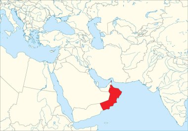 Beyaz kıta arka planında siyah sınırları, mavi deniz yüzeyleri ve Orta Doğu 'nun ortografik yansımasını kullanarak nehirler üzerindeki kırmızı, boş OMAN haritası.