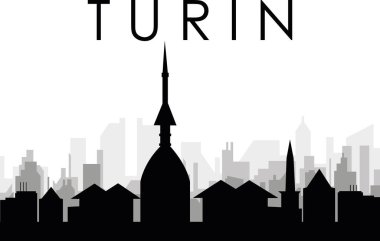 İtalya, TURIN 'in arka planında gri sisli şehir binaları olan siyah şehir manzarası gökyüzü manzarası