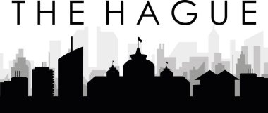 HAGUE, NETHERLANDS arka planında gri sisli şehir binaları olan siyah şehir manzaralı gökyüzü manzarası