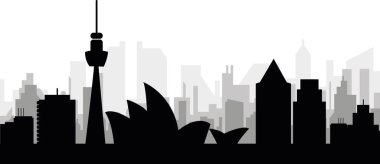 SYDNEY, AUSTRALYA 'nın arka planında gri sisli şehir binaları olan siyah şehir manzarası manzarası