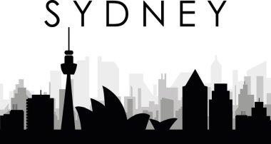 SYDNEY, AUSTRALYA 'nın arka planında gri sisli şehir binaları olan siyah şehir manzarası manzarası