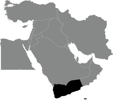 Gri Ortadoğu 'nun ortografik yansıması kullanılarak saydam arkaplan üzerinde beyaz kenarlı YEMEN' in siyah detaylı boş siyasi haritası