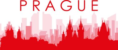PRAGUE, CZECH REPUBLIC 'in kırmızımsı şeffaf arka plan binalarıyla kırmızı panoramik şehir silueti posteri
