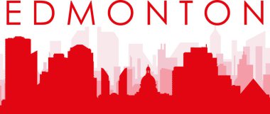 Kırmızı panoramik şehir gökyüzü posteri EDMONTON, CANADA 'nın kırmızımsı şeffaf arka plan binaları