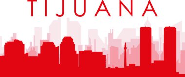 Kırmızı panoramik şehir silueti posteri. TİJUANA, MEXICO 'nun kırmızımsı şeffaf arka plan binaları.