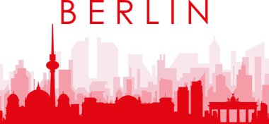 BERLIN, GERMANY 'nin kırmızı saydam arka plan binalarıyla kırmızı panoramik şehir silueti posteri
