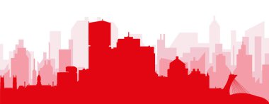 MONTREAL, CANADA 'nın kırmızımsı saydam arka plan binalarıyla kırmızı panoramik şehir silueti posteri
