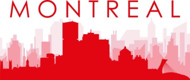 MONTREAL, CANADA 'nın kırmızımsı saydam arka plan binalarıyla kırmızı panoramik şehir silueti posteri