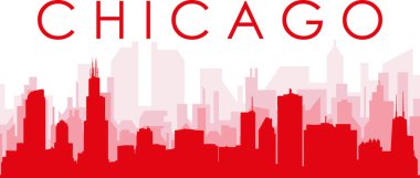 Kırmızı panoramik şehir silueti afişi, Şikago 'nun kırmızı, şeffaf arka plan binaları, Birleşik Devletler