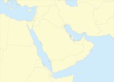 Turuncu, bej kıta arkaplanı üzerinde siyah sınırları olan ve Orta Doğu 'nun ortografik projeksiyonunu kullanarak mavi deniz yüzeyleri oluşturan BAHRAIN' ın ayrıntılı boş siyasi haritası.