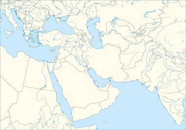 Beyaz kıta arka planında siyah sınırları, mavi deniz yüzeyleri ve Orta Doğu 'nun ortografik projeksiyonunu kullanarak nehirleri gösteren kırmızı, boş bir siyasal harita.