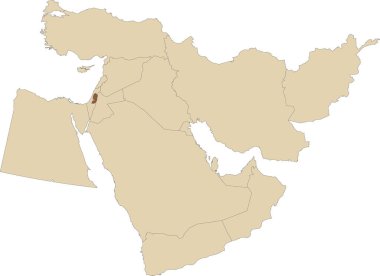 Koyu kahverengi, açık kahverengi Orta Doğu 'nun ortografik projeksiyonunu kullanarak saydam arkaplan üzerinde siyah kenarlı PALESTINE' ın ayrıntılı siyasi haritası