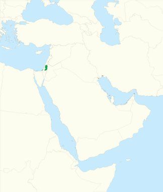 Orta Doğu 'nun ortografik yansıması kullanılarak bej kıta arkaplanı ve mavi deniz yüzeyleri üzerinde siyah kenarlı PALESTINE' ın yeşil detaylı boş siyasi haritası