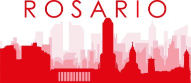 ROSARIO, ARGENTINA 'nın kırmızımsı şeffaf arka plan binalarıyla kırmızı panoramik şehir silueti posteri