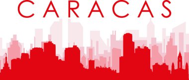 CARACAS, VENEZUELA 'nın kırmızımsı saydam arka plan binalarıyla kırmızı panoramik şehir silueti posteri