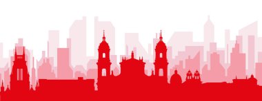 BOGOTA, COLOMBIA 'nın kırmızımsı saydam arka plan binalarıyla kırmızı panoramik şehir silueti posteri