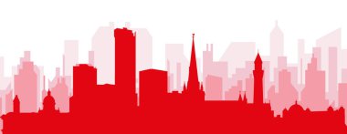 Kırmızı panoramik şehir silueti posteri. KIRMINGHAM, UNITED KINGDOM 'un kırmızı, şeffaf arka plan binaları.