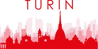 Kırmızı panoramik şehir gökyüzü posteri TURIN 'in (TORINO) kırmızımsı şeffaf arka plan binaları, İtalya