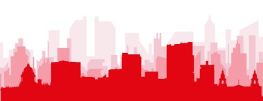 Kırmızı panoramik şehir gökyüzü posteri, kırmızımsı saydam arka plan binaları, LEEDS, UNITED KINGDOM