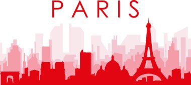 Kırmızı panoramik şehir silueti posterinde PARIS, FRANCE 'ın kırmızımsı şeffaf arka plan binaları var