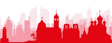 NICE, FRANCE 'ın kırmızımsı saydam arka plan binalarıyla kırmızı panoramik şehir silueti posteri
