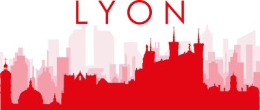 Kırmızı panoramik şehir silueti posteri. LYON, FRANCE