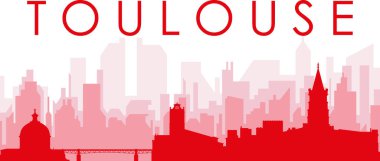 Kırmızı panoramik şehir silueti posteri. TOULOUSE, FRANCE 'un kırmızı, şeffaf arka plan binaları.