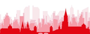 STRASBOURG, FRANCE 'ın kırmızımsı saydam arka plan binalarıyla kırmızı panoramik şehir silueti posteri