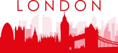 Kırmızı panoramik şehir silueti afişi. LONDON, UNITED KINGDOM 'un kırmızımsı saydam arka plan binaları.