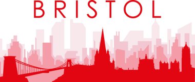 BRISTOL, BİRLİK KINGDOM 'un kırmızımsı saydam arka plan binalarıyla kırmızı panoramik şehir silueti posteri