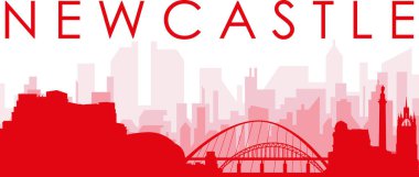 Kırmızı panoramik şehir silueti posteri, kırmızımsı saydam arka plan binaları, NEWCASTLE, UNITED KINGDOM