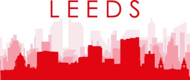 Kırmızı panoramik şehir gökyüzü posteri, kırmızımsı saydam arka plan binaları, LEEDS, UNITED KINGDOM