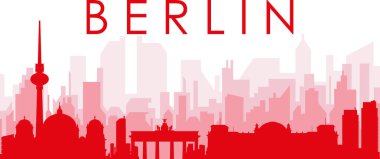 BERLIN, GERMANY 'nin kırmızı saydam arka plan binalarıyla kırmızı panoramik şehir silueti posteri