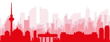 BERLIN, GERMANY 'nin kırmızı saydam arka plan binalarıyla kırmızı panoramik şehir silueti posteri