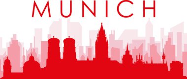 MUNICH, GERMANY 'nin kırmızı saydam arka plan binalarıyla kırmızı panoramik şehir silueti posteri