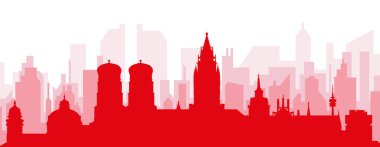 MUNICH, GERMANY 'nin kırmızı saydam arka plan binalarıyla kırmızı panoramik şehir silueti posteri