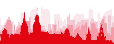 HAMBURG, GERMANY 'nin kırmızı saydam arka plan binalarıyla kırmızı panoramik şehir silueti posteri