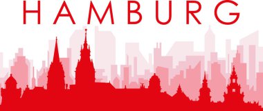 HAMBURG, GERMANY 'nin kırmızı saydam arka plan binalarıyla kırmızı panoramik şehir silueti posteri