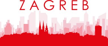 Kırmızı panoramik şehir silueti posteri, ZAGREB, CROATIA 'nın kırmızımsı saydam arka plan binaları