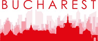 BÜKREŞ, ROMANIA 'nın kırmızı panoramik şehir silueti posterleri ve kırmızı saydam arka plan binaları