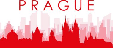 PRAGUE, CZECH REPUBLIC 'in kırmızımsı şeffaf arka plan binalarıyla kırmızı panoramik şehir silueti posteri