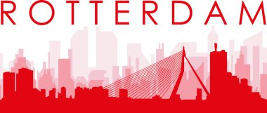 ROTTERDAM, NETHERLANDS 'ın kırmızı saydam arka plan binalarıyla kırmızı panoramik şehir silueti posteri