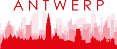 ANTWERP, BELGIUM 'un kırmızımsı saydam arka plan binalarıyla kırmızı panoramik şehir silueti posteri