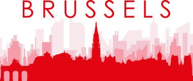 BRÜKSEL, BELGIUM 'İN kırmızı panoramik şehir silueti posterleri ve kırmızı saydam arka plan binaları