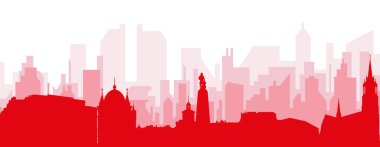 LODZ, POLAND 'ın kırmızımsı saydam arka plan binalarıyla kırmızı panoramik şehir silueti posteri