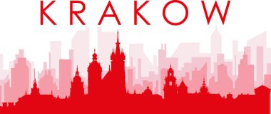 KRAKOW, POLAND 'ın kırmızı saydam arka plan binalarıyla kırmızı panoramik şehir silueti posteri